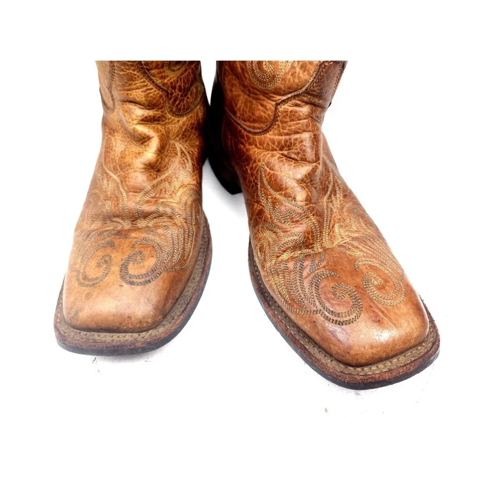 Justin Men’s 8.5 B Brown Leather Western Cowboy Boots Square Toe Slip Resistant